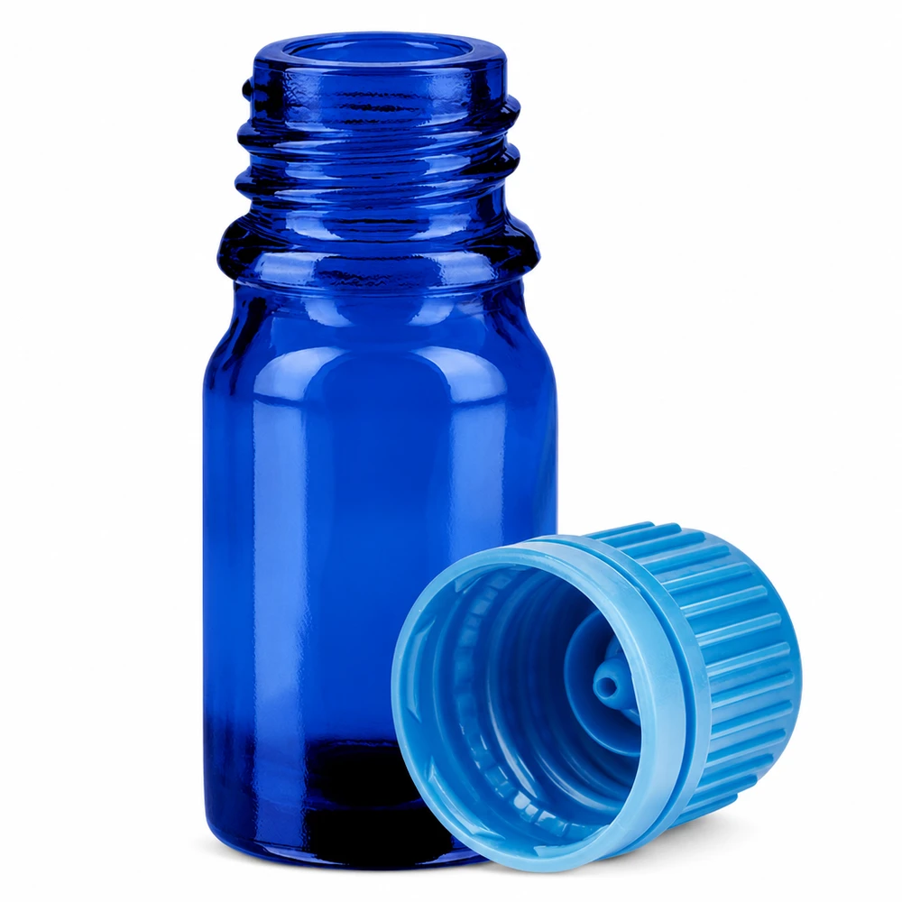 Pequeño frasco de vidrio de 5 ml en azul cobalto con rosca para aromaterapia y farmacia