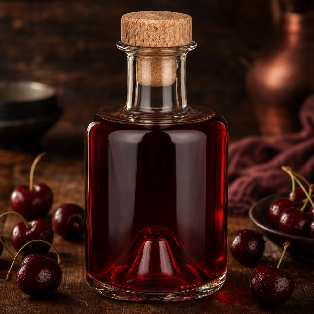Botella de farmacia de 200 ml «Sofia» con tapón de corcho con asa de madera UNiTWIST® 200ml Glasflasche Sofia mit Holzkorken gefüllt mit roter Kirschflüssigkeit umgeben von frischen Kirschen auf Holzuntergr