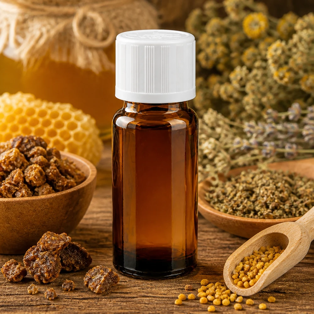 Frasco de farmacia marrón de 10 ml con tapón de seguridad para niños blanco, junto a panales de abeja y propóleo