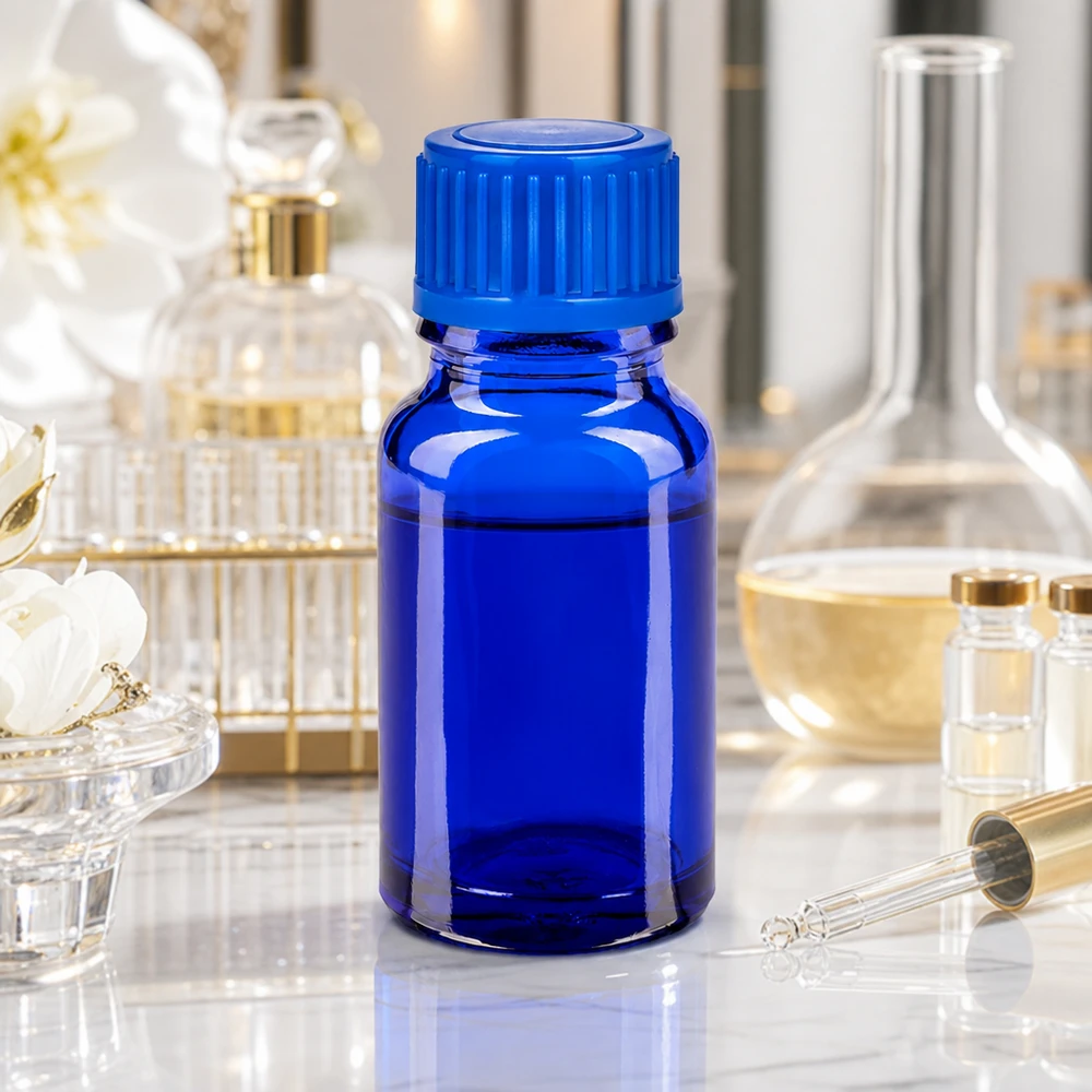 Frasco de vidrio de 10 ml de alta calidad en azul brillante con robusto tapón de rosca para uso en laboratorio