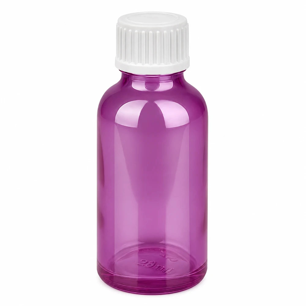 Frasco cuentagotas de 30 ml blanco de 0,9 mm estándar PurpleLine. UT18/30 Frasco cuentagotas de 30 ml de color morado con tapón blanco y abertura de 0,9 mm para una dosificación precisa