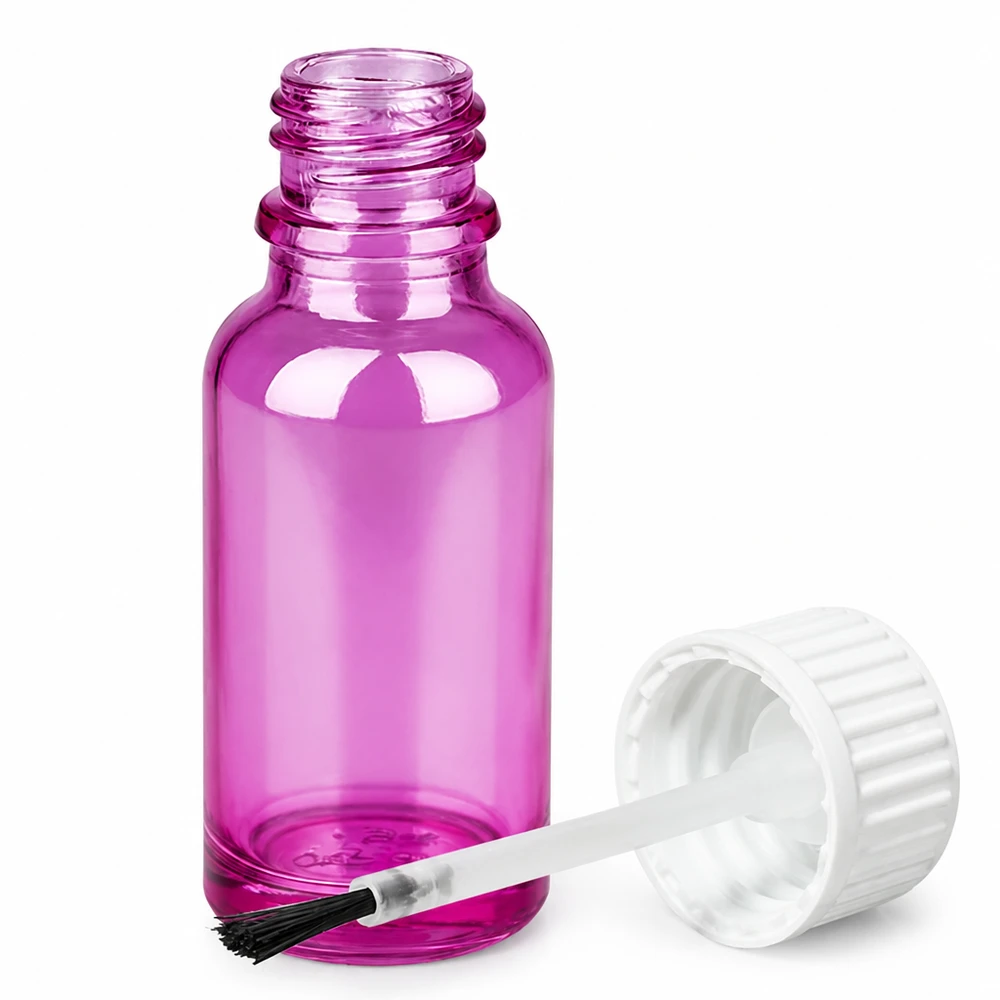 Frasco de vidrio morado de 20 ml con pincel aplicador para una aplicación cosmética precisa