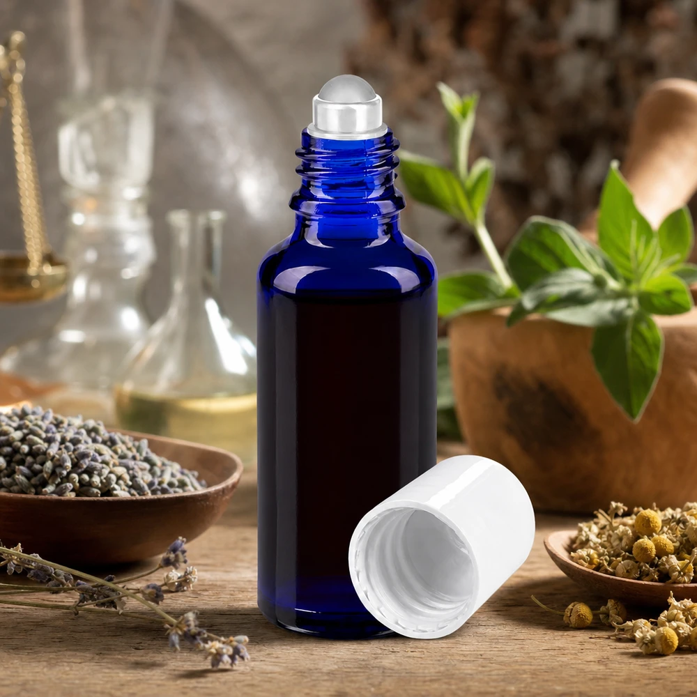 Frasco azul de 30 ml con aplicador de bola (STD), de cristal de farmacia, con tapón blanco, rodeado de hierbas y lavanda