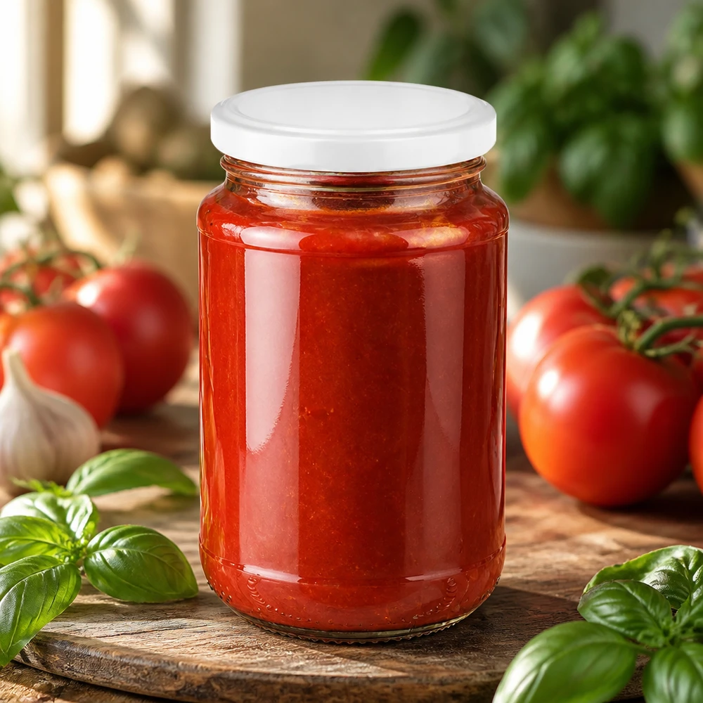 Vaso redondo UNiTWIST de 320 ml con tapa BasicSeal, lleno de salsa de tomate roja y rodeado de tomates frescos