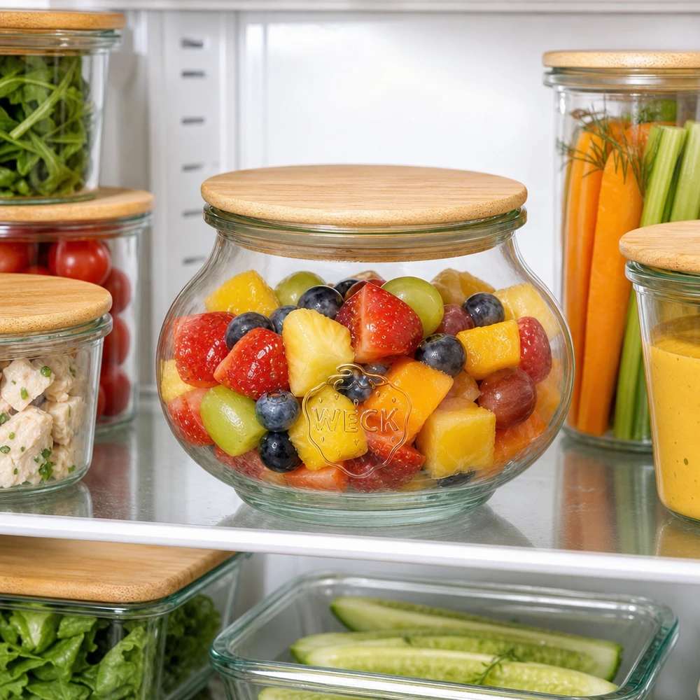 WECK tarro de almacenamiento 560ml RR80 con tapa de madera lleno de ensalada de frutas en la nevera almacenamiento organizado de alimentos