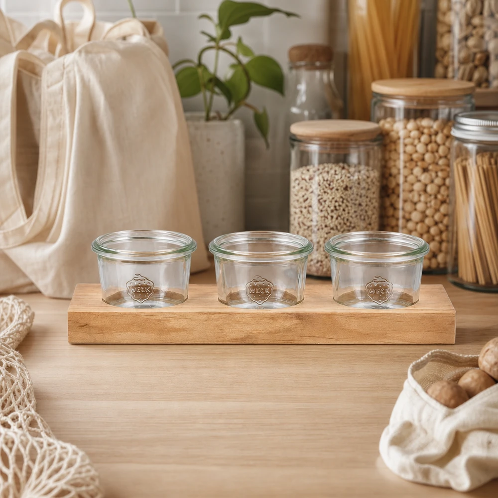 Tabla de servir sostenible Plano3 con 3 vasos vacíos Weck de 80 ml en cocina de residuo cero con tarros de almacenamiento