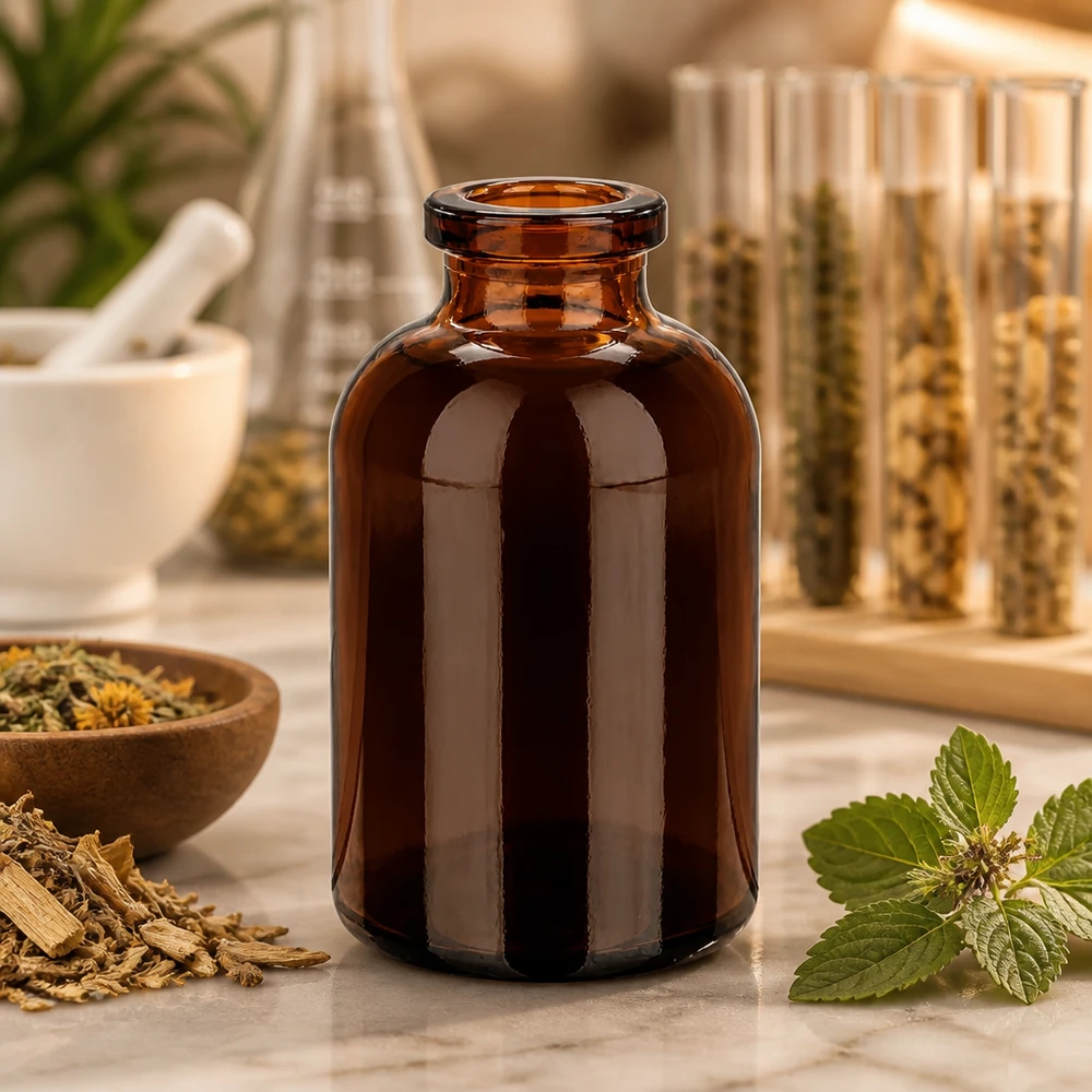 Frasco para inyección de vidrio ámbar 30ml Injektionsflasche Braunglas 30ml für Kräuterextrakte auf Marmorunterlage mit Mörser im Hintergrund