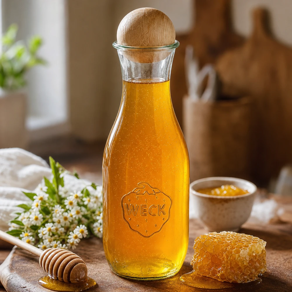 Botella de zumo WECK 1062ml llena de miel junto a panal cuchara de miel de madera y flores de manzanilla sobre mesa de madera
