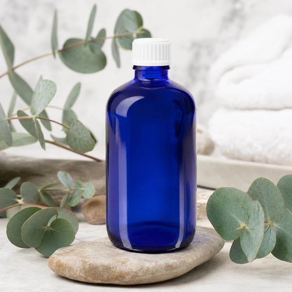 Botella de farmacia azul 100ml tapón cuentagotas blanco 0.8mm estándar Frasco opaco de 100 ml, azul cobalto, con tapón cuentagotas blanco de 0,9 mm sobre piedra natural
