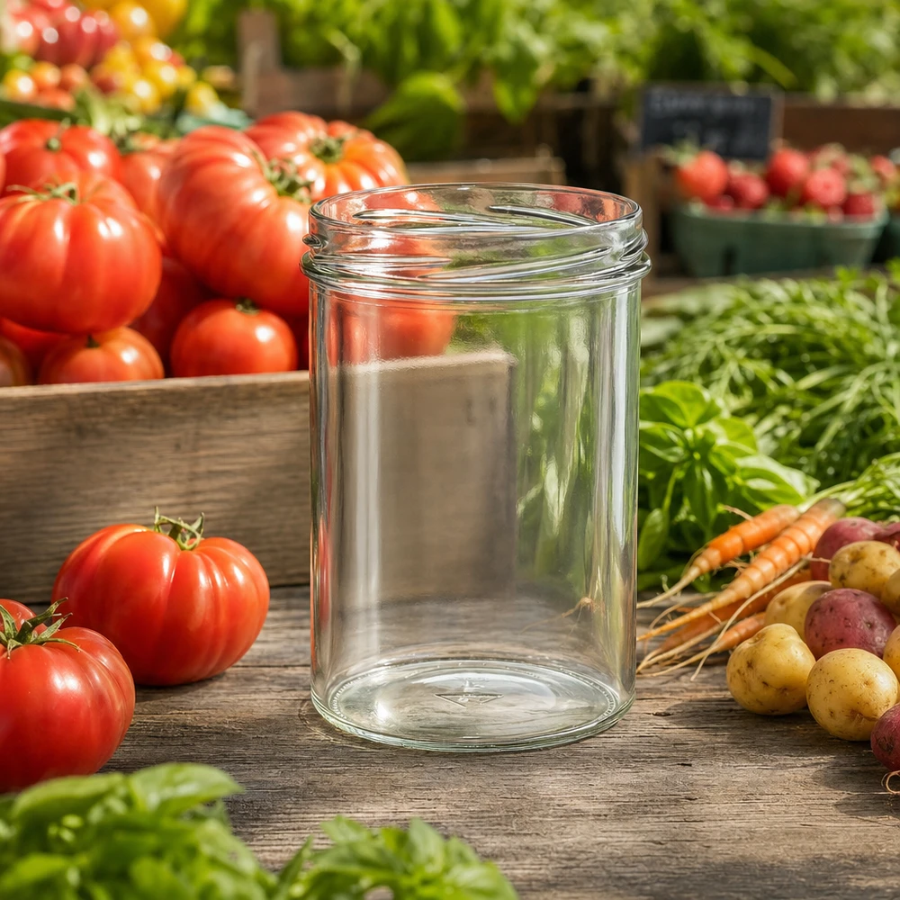UNiTWIST Sturz435 tarro de conserva 435ml TO82 sobre mesa de madera con tomates frescos zanahorias y hierbas en el jardín