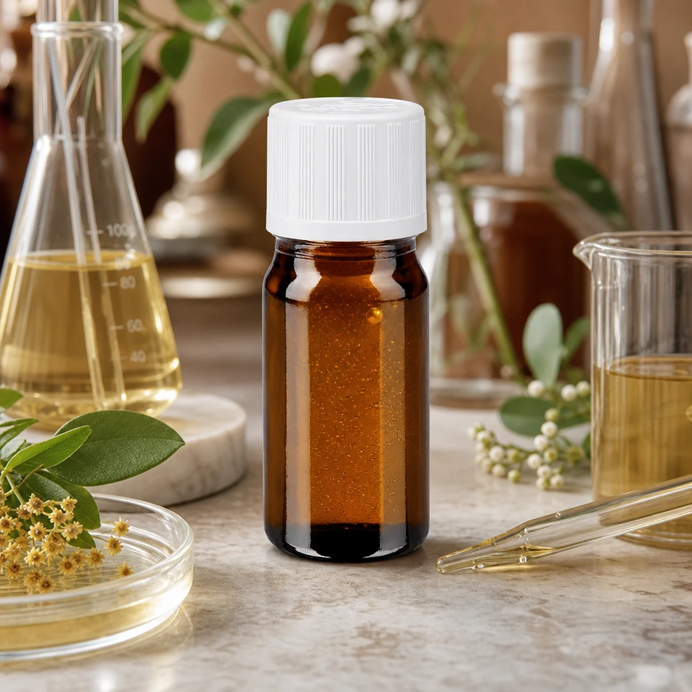 Frasco de farmacia marrón de 5 ml con tapón de seguridad para niños de color blanco, rodeado de matraces de laboratorio y plantas medicinales