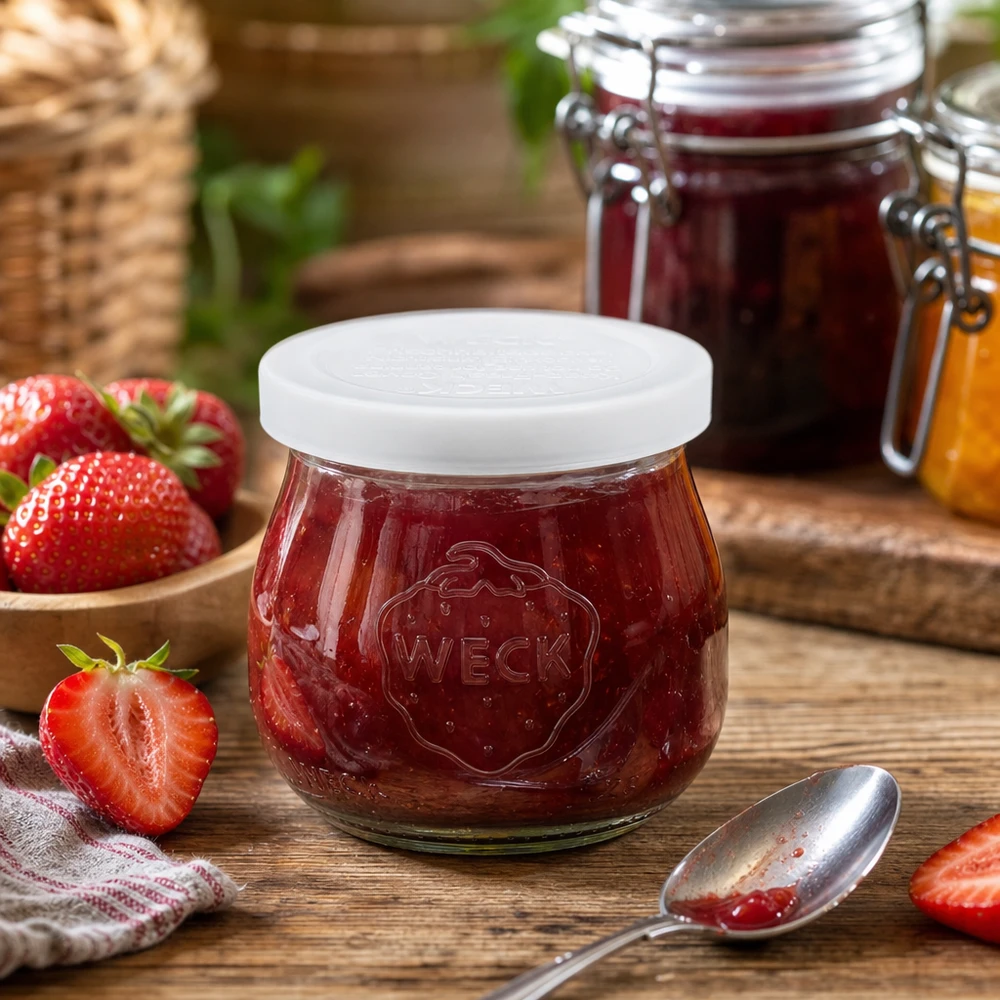 Tarro tulipán de 75ml con tapa de frescor WECK RR40 WECK Tarro tulipán de 75 ml lleno de mermelada de fresa junto a fresas frescas sobre mesa de madera Tarro de conserva RR40