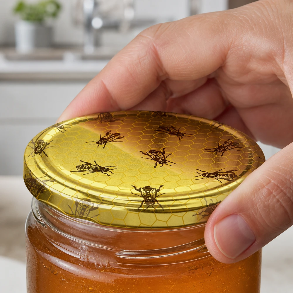 Se coloca la tapa dorada de 82 mm con cierre de rosca y motivo de abejas sobre el tarro de miel