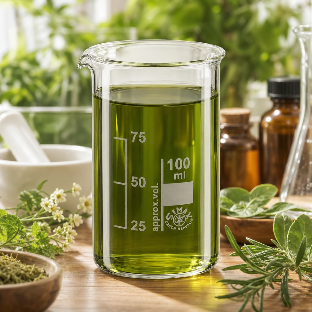 Vaso de precipitados de 100 ml, de forma alta, con extracto de hierbas verde rodeado de hierbas medicinales frescas