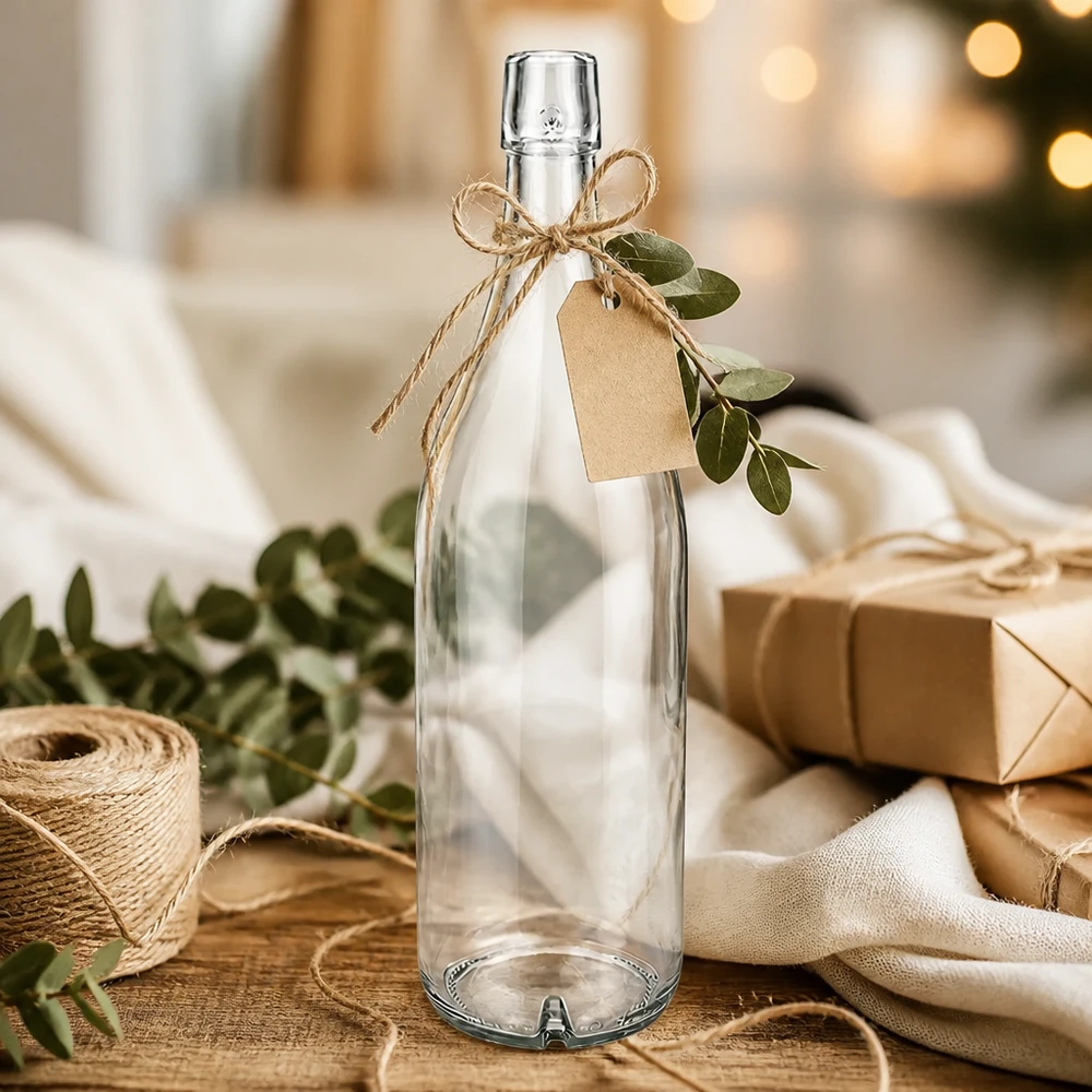 Botella de vidrio de 1000 ml sin tapón giratorio UNiTWIST Botella de cristal de 1000 ml UNiTWIST vacía decorada con cordón de yute y etiqueta de regalo como idea de regalo sobre una base de madera