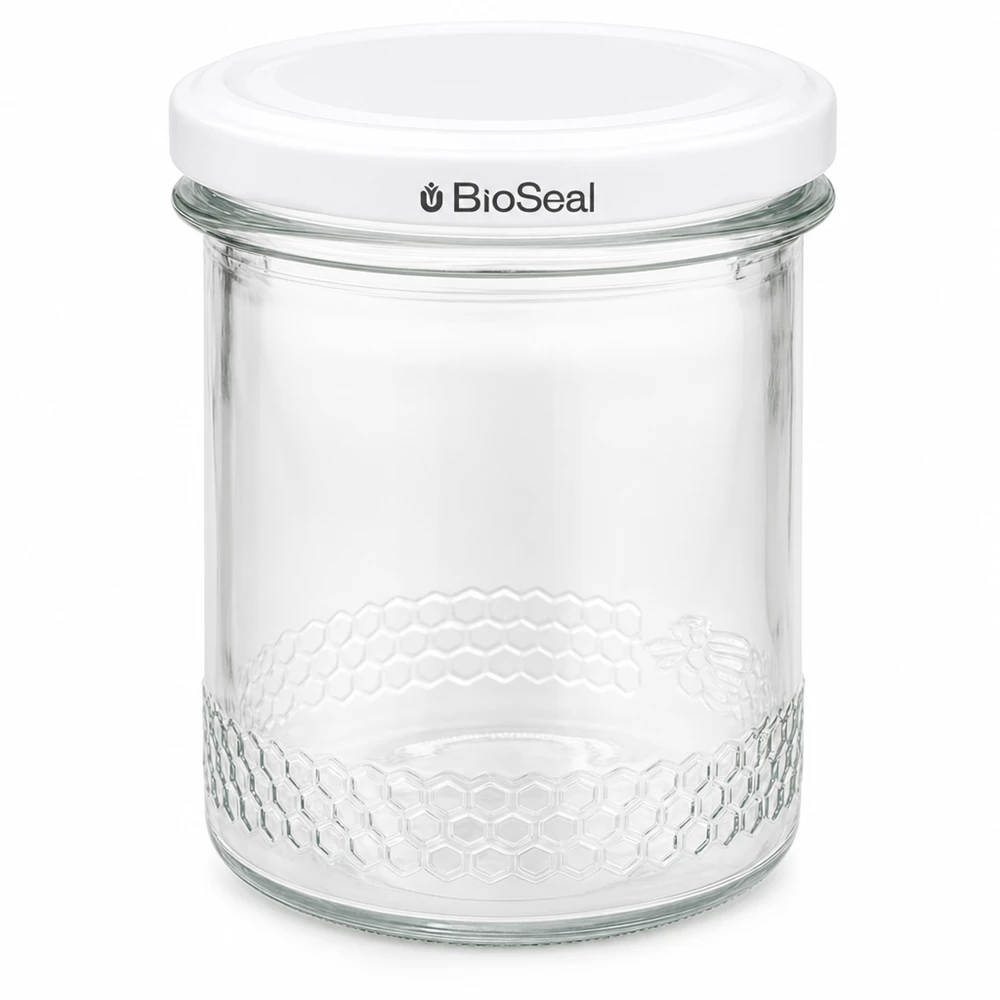 Tarro para miel de 560 g con tapa blanca BioSeal UNiTWIST Tarro de miel de 400 ml con tapa blanca BioSeal Tarro de conserva UNiTWIST Material apícola Envase de vidrio