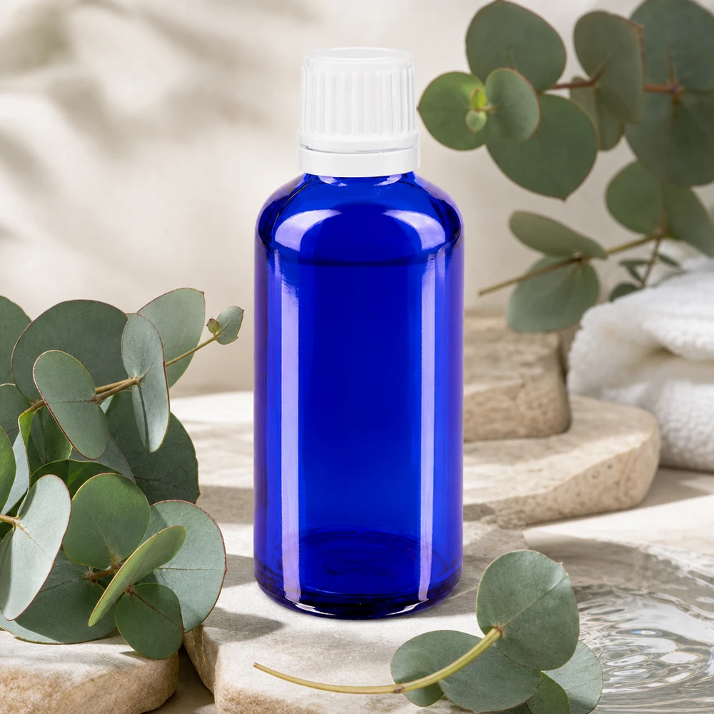 Botella de farmacia azul 50ml tapón cuentagotas 1,2mm blanco cierre inviolable Frasco de cristal azul cobalto de 50 ml con tapón cuentagotas blanco a prueba de niños, diámetro exterior de 0,7 mm
