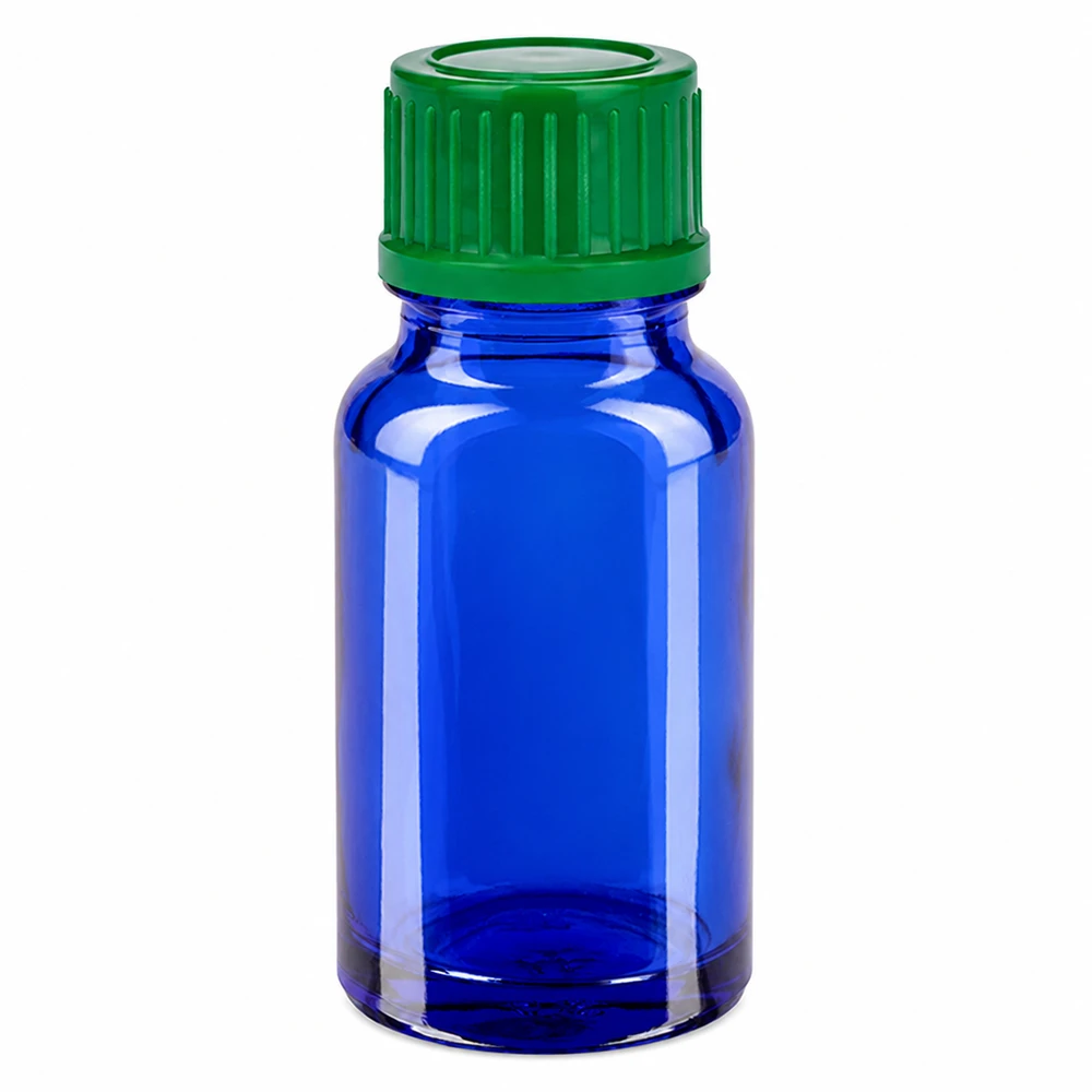 Frasco de vidrio azul de 10 ml con tapón de rosca verde SV 11 mm STD BlueLine UT18/10