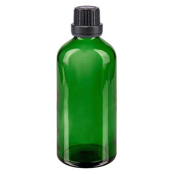 Botella de farmacia verde 100ml tapón de rosca negro cierre inviolable Botella de farmacia verde 100ml tapón de rosca negro cierre inviolable