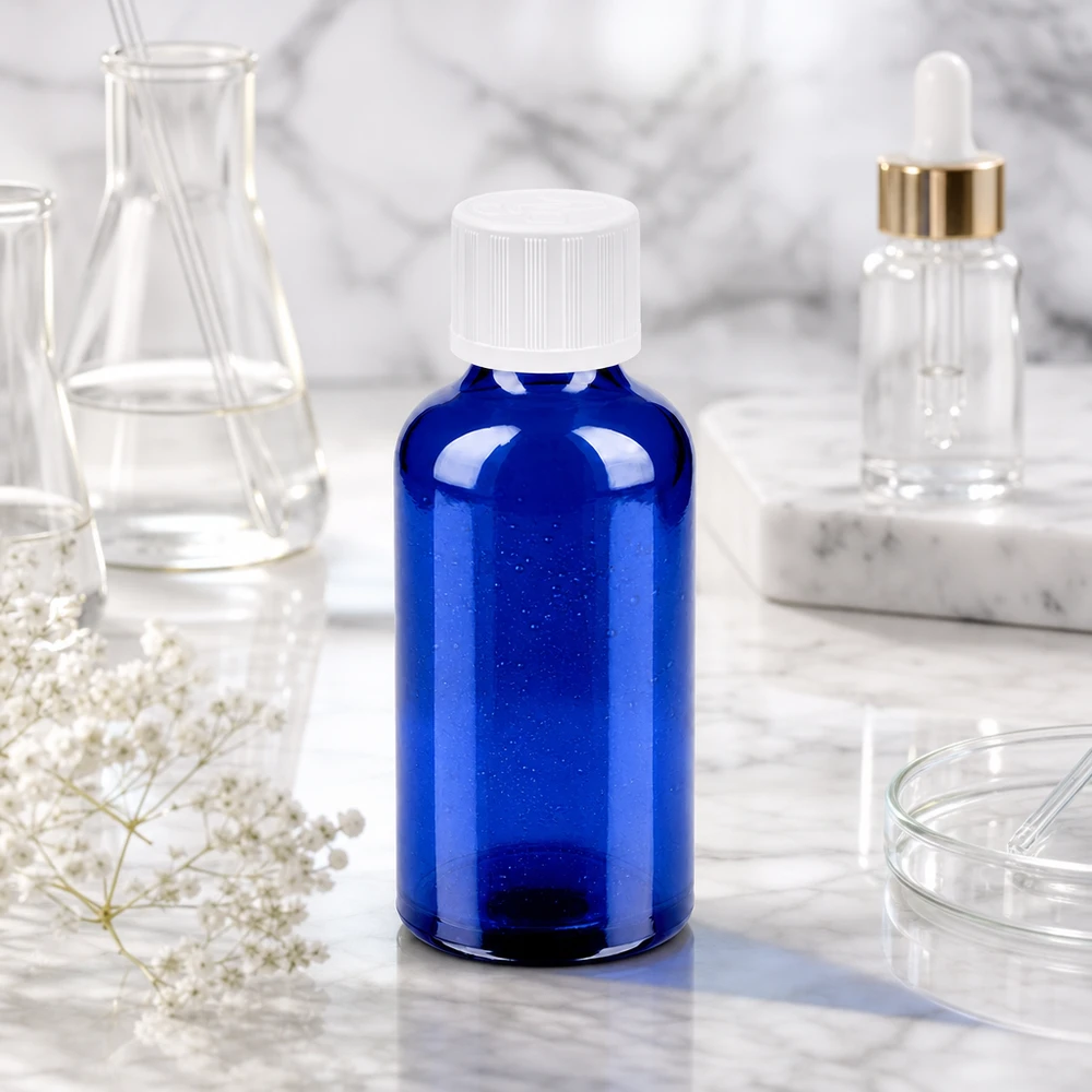 Botella 50ml 11mm tapón rosca blanco con precinto de seguridad BlueLine UT18/50 Frasco compacto de vidrio de 50 ml con protección UV gracias a su coloración azul ideal para sustancias sensibles a la luz