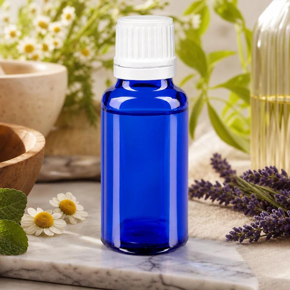 Frasco azul de 20 ml con tapón cuentagotas blanco, rodeado de lavanda, manzanilla y hierbas frescas