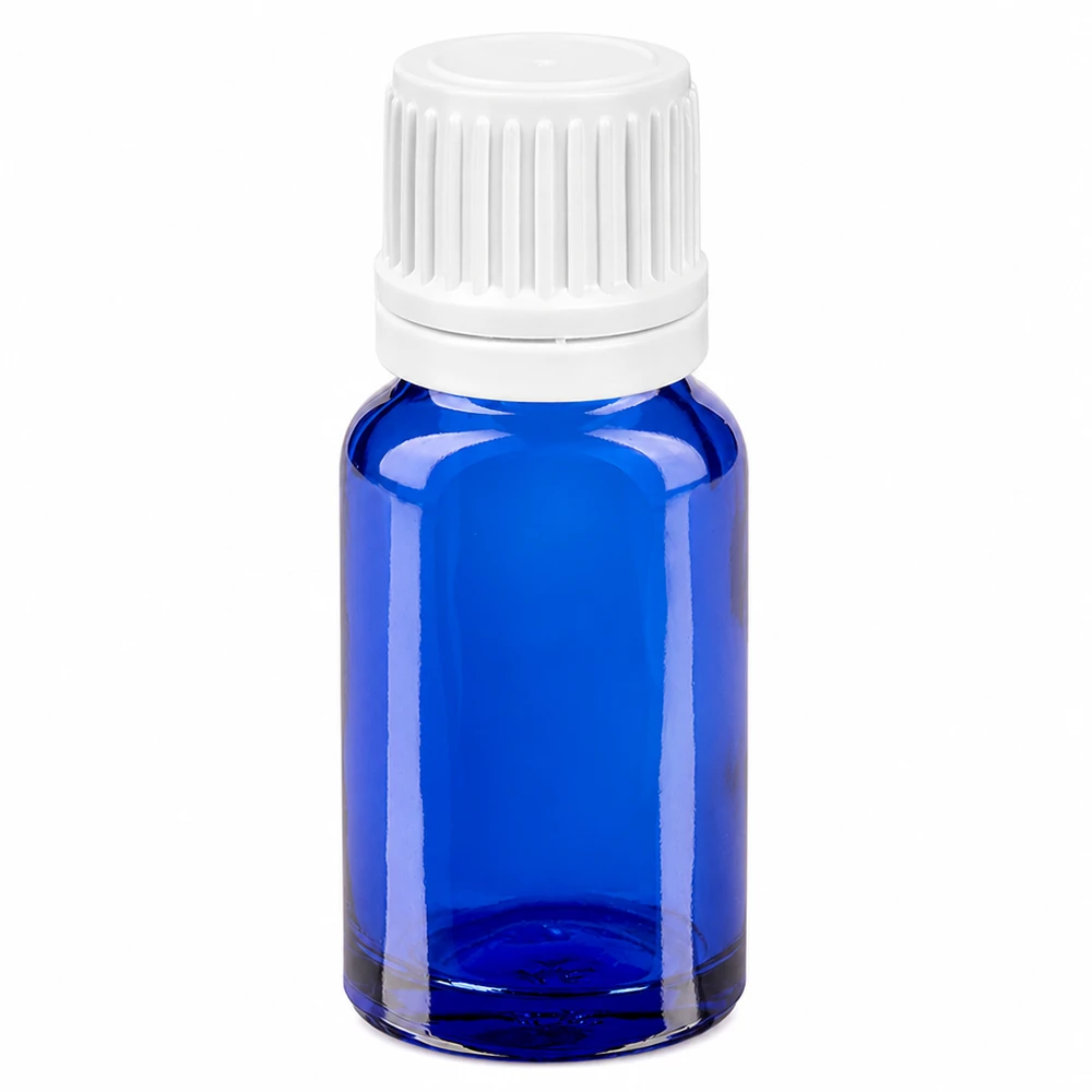 Frasco cuentagotas 10ml 0.7mm blanco cierre inviolable BlueLine UT18/10 Frasco gotero azul de 10 ml de vidrio con tapón blanco y abertura dosificadora de 0,7 mm