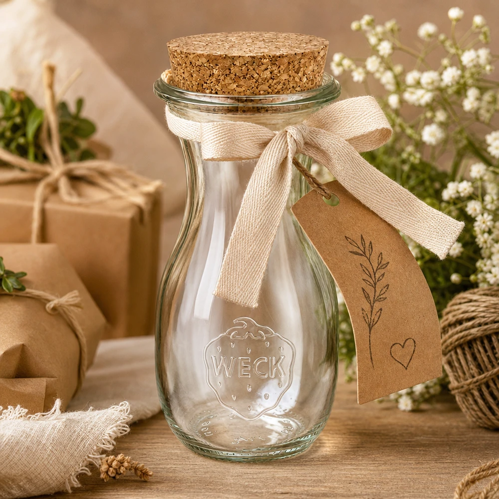 Botella de zumo WECK 290ml decorativa con lazo y etiqueta de regalo como idea de regalo en un entorno decorativo natural
