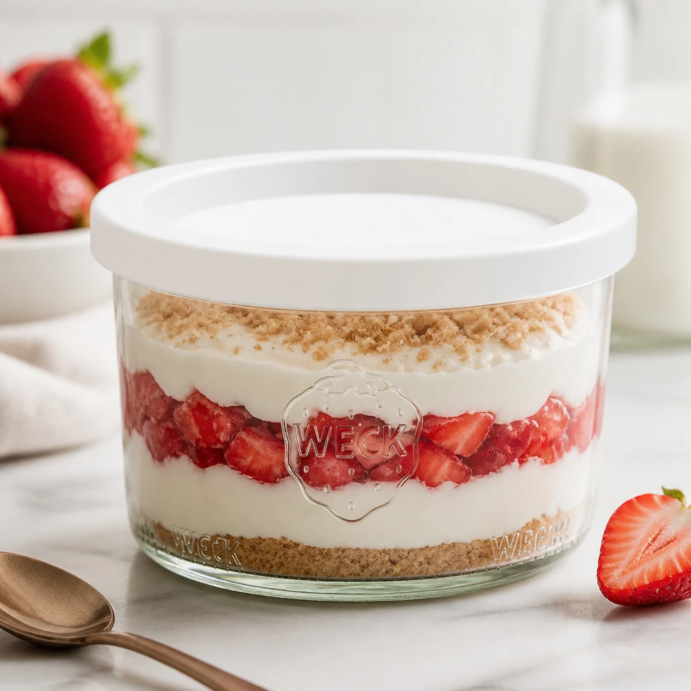 Vaso de 200ml con tapa de frescura WECK RR80 WECK Vaso RR80 de 200 ml con postre de fresa y tapa blanca para postres en tarro
