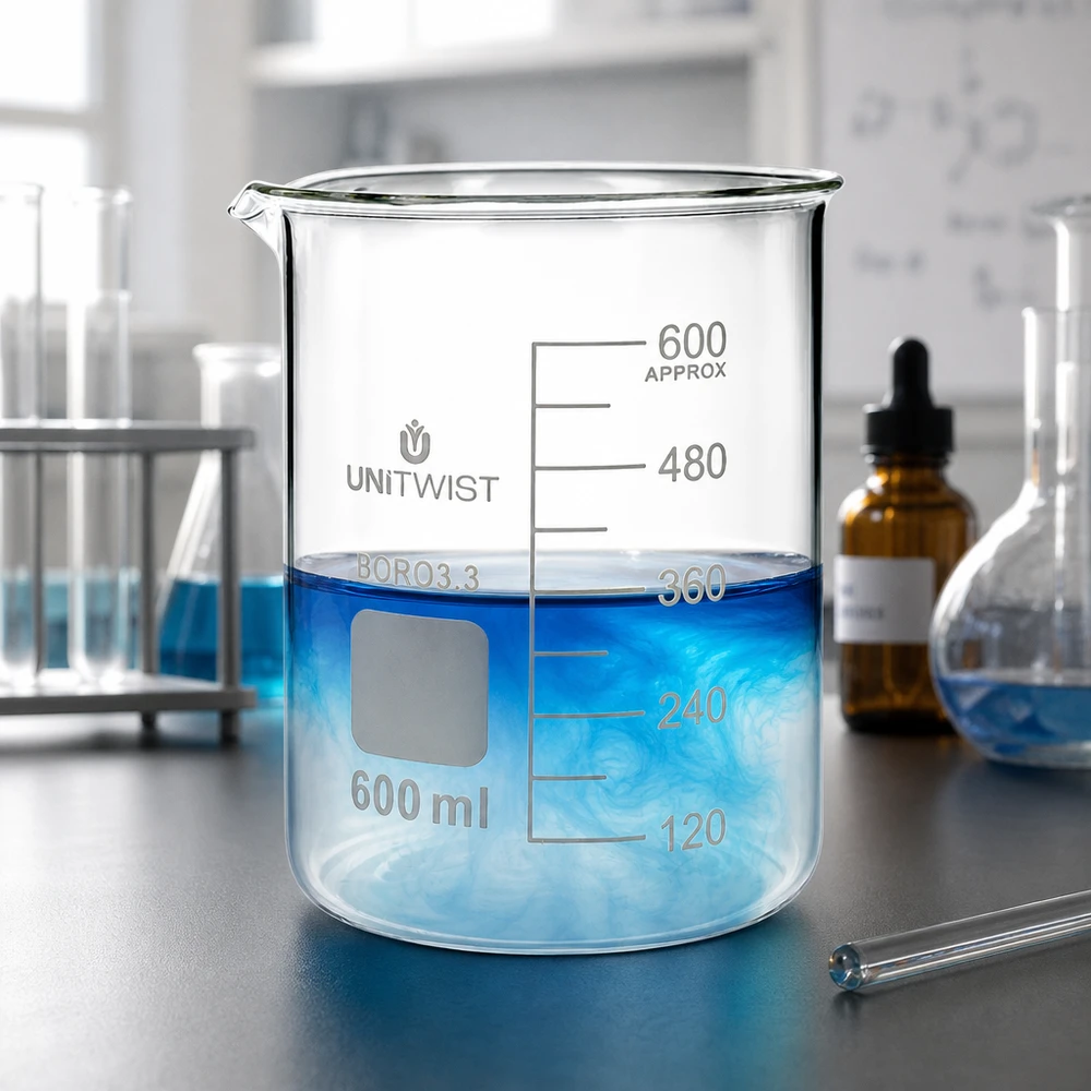 Vaso 600 ml borosilicato, molde bajo UNiTWIST Vaso de precipitados UNiTWIST de 600 ml, de perfil bajo, fabricado en vidrio Boro3.3, con pico vertedor, para mesa de laboratorio