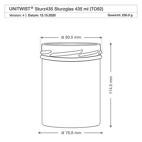Vasos de 435ml sin tapa (TO82) UNiTWIST Dibujo técnico UNiTWIST Sturz435 tarro para conservas 435ml con dimensiones Diámetro 80,5mm Altura 114,5mm TO82