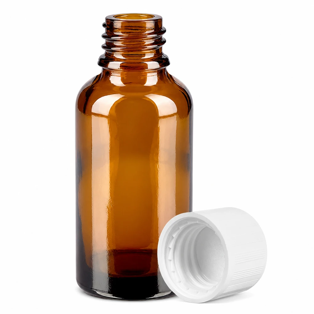 Botella 30ml tapón rosca 11mm blanco cierre inviolable BrownLine UT18/30 Frasco de vidrio marrón de 30 ml con rosca de 11 mm y tapón a prueba de niños para un almacenamiento seguro