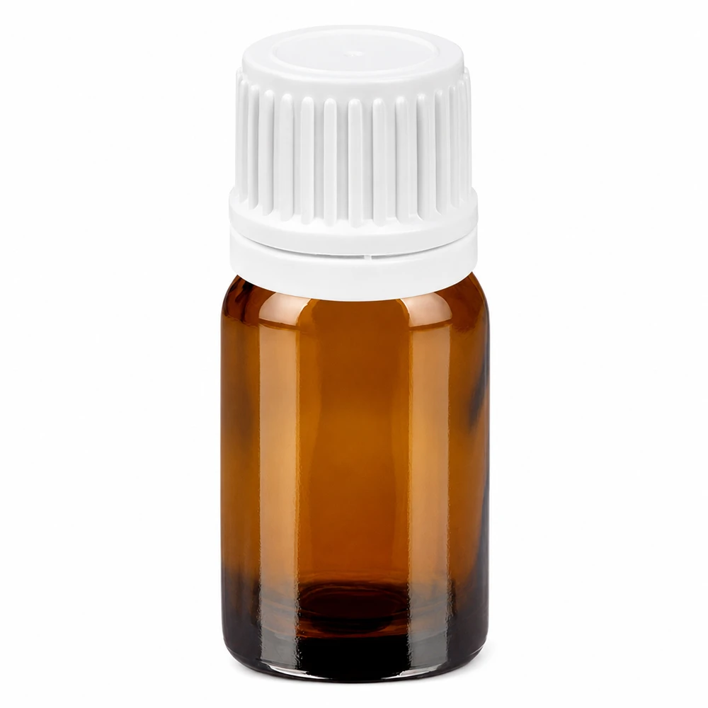 Frasco de vidrio marrón de 5 ml con tapón de rosca blanco de 11 mm para aceites esenciales y cosméticos