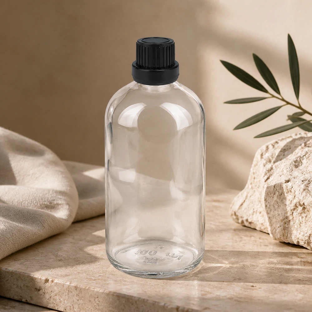 Frasco cuentagotas de 100ml fl. 2mm negro tapón inviolable ClearLine UT18/100 Frasco cuentagotas transparente de 100 ml de cristal transparente con tapón de rosca de seguridad negro de la serie ClearLine