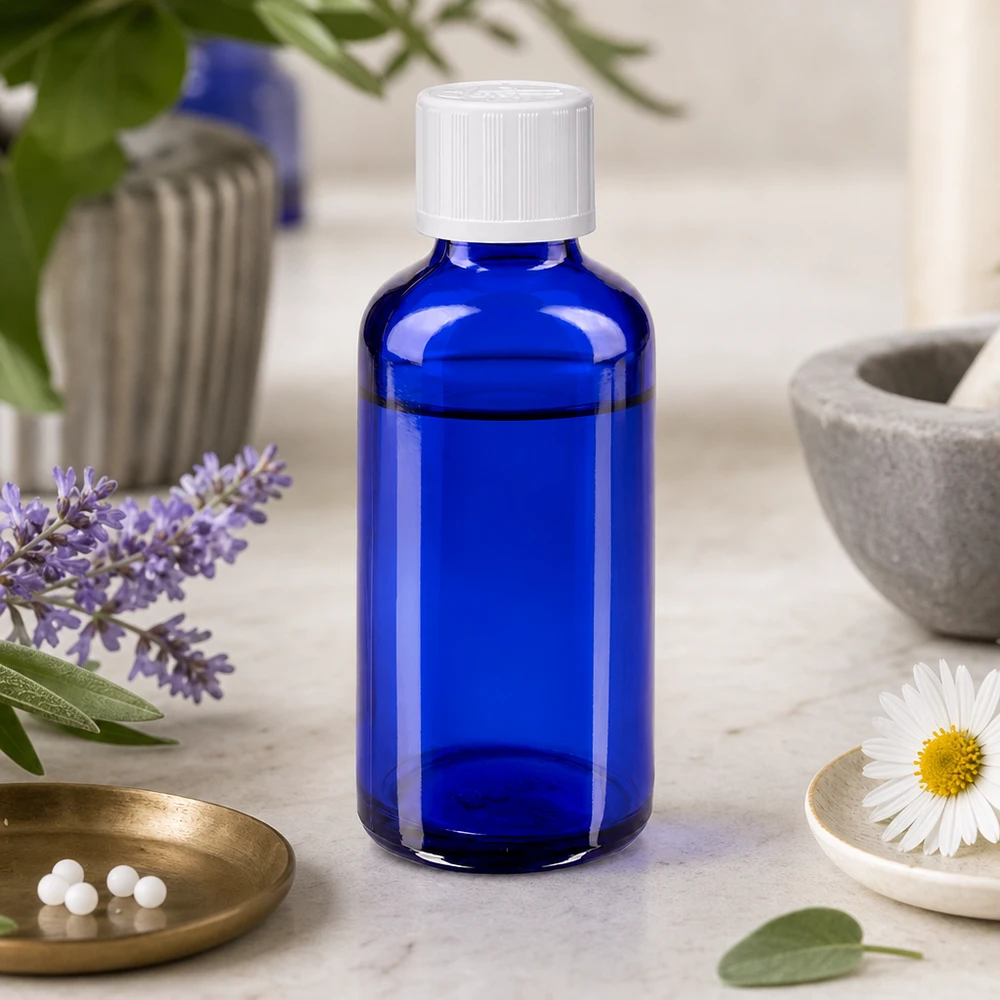 Frasco de farmacia azul de 50 ml con tapón blanco a prueba de niños, junto a la manzanilla y la lavanda