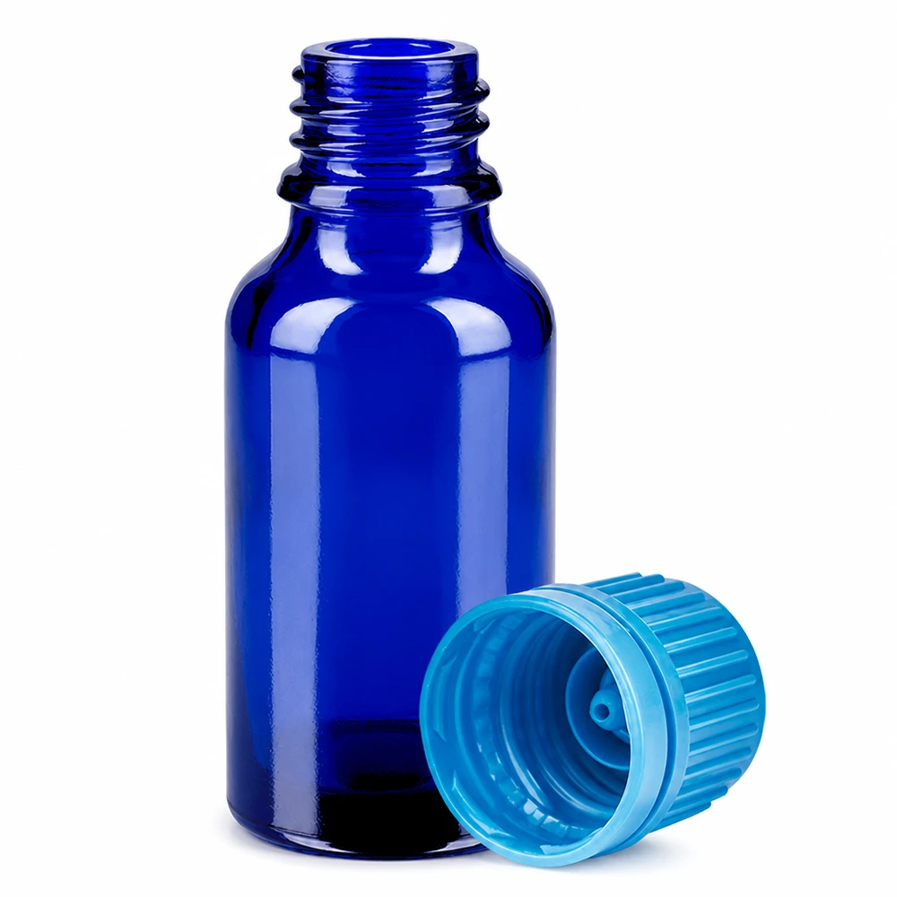 Pequeño frasco de laboratorio de 20 ml de vidrio azul con tapón turquesa para una dosificación precisa