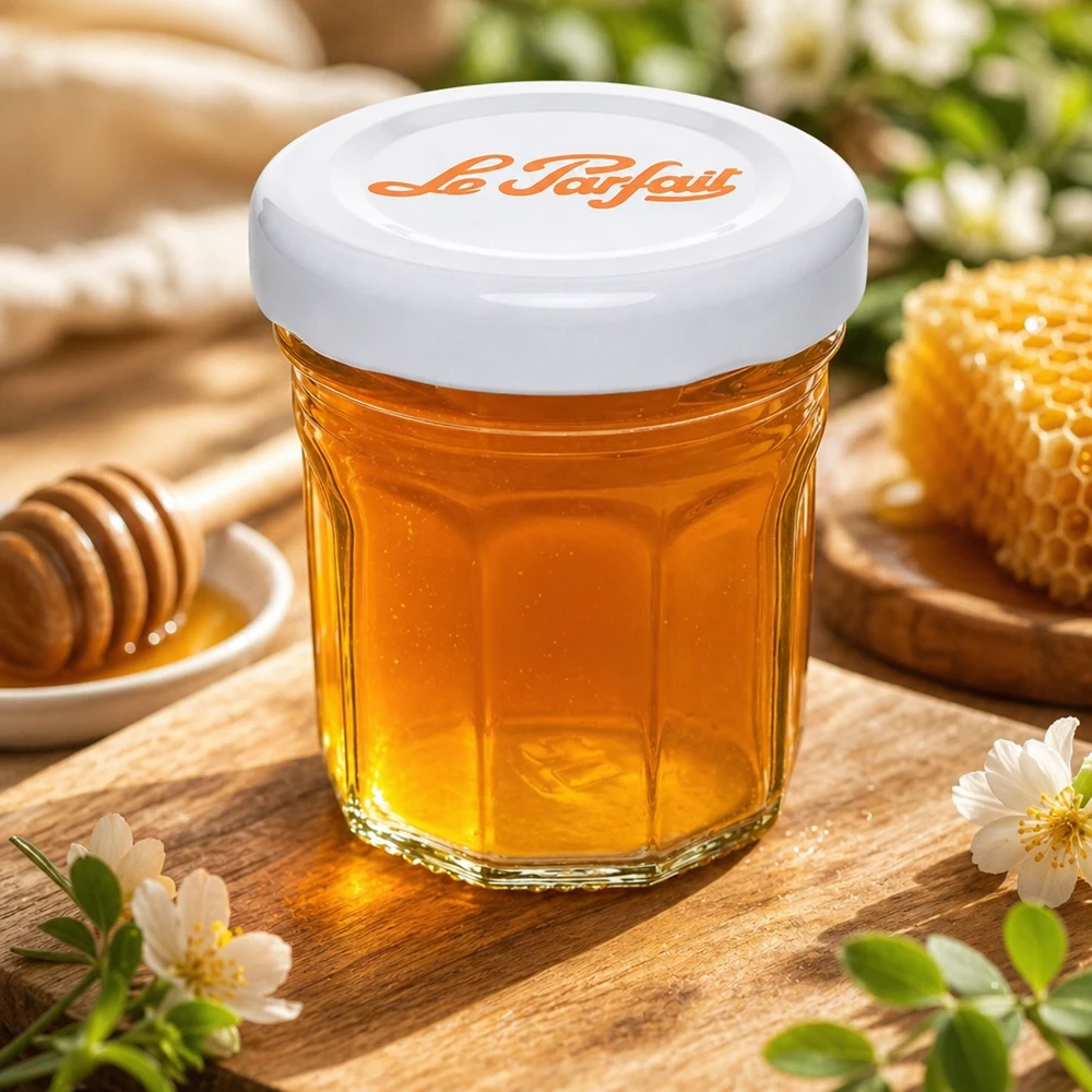 Le Parfait mini vasos 44ml llenos de miel junto a panal y cuchara de miel sobre mesa de madera con decoración floral
