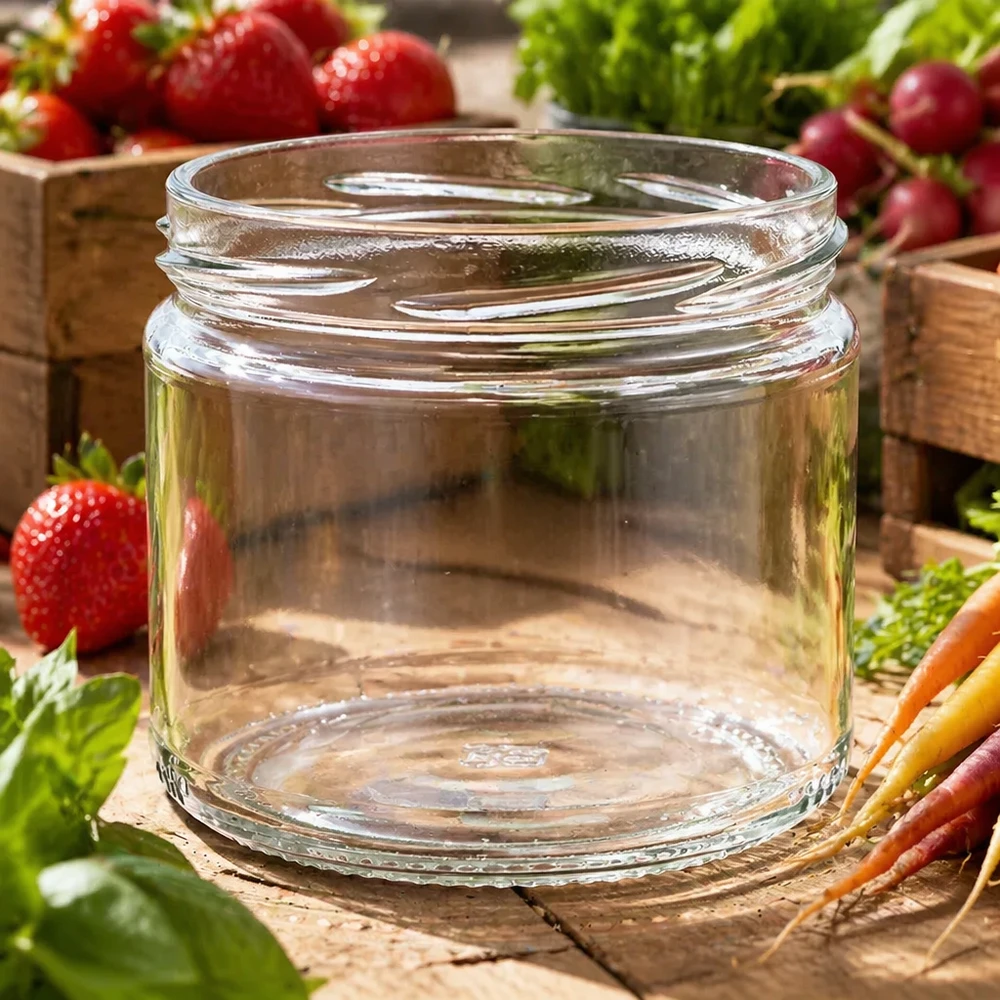 UNiTWIST Runda330 vaso redondo 330ml TO82 vacío dispuesto sobre una tabla de madera con verduras frescas fresas zanahorias rábanos
