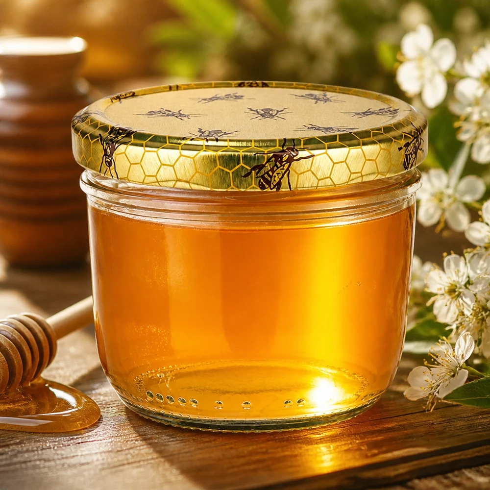 Tarro de cristal de 230 ml con tapa de panal lleno de miel dorada junto a una cuchara de miel y flores blancas sobre una mesa de madera