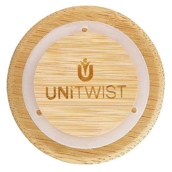 Tapa de madera (haya) sin impresión para WECK RR40 Tapa de madera WECK RR40 versión A desde arriba con grabado del logotipo UNITWIST y estructura de madera de roble grano natural