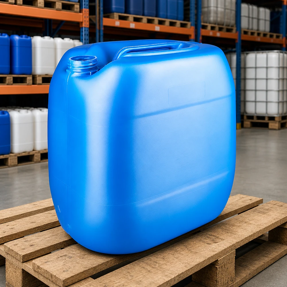 Bidón azul apilable de 30 litros sin tapón, fabricado en HDPE, en la estantería del almacén