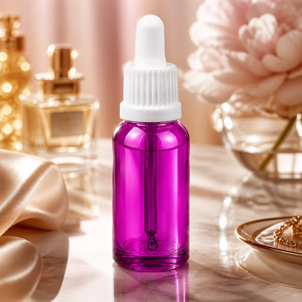 Frasco pipeta de alta calidad de 20 ml de vidrio violeta con tapón OV blanco para sueros