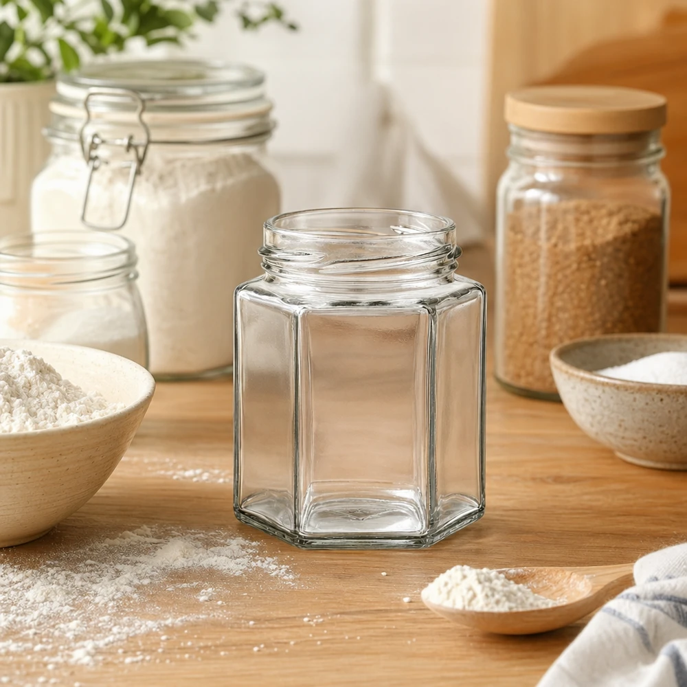 Tarro hexa 196ml sin tapa (TO58) UNiTWIST UNiTWIST Hexa196 tarro hexagonal 196ml TO53 rosca vacío sobre mesa de madera en cocina moderna con tarros de almacenaje