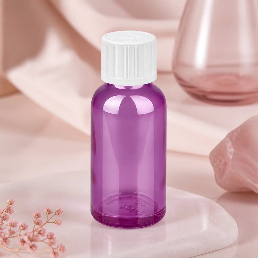 Frasco cuentagotas redondo de 30 ml con forma ergonómica y tapón de rosca blanco de elegante diseño morado