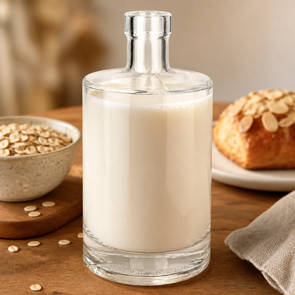 La botella de vidrio de 500 ml Marie llena de leche de avena junto con copos de avena y pan muestra la versatilidad de las alternativas a la leche