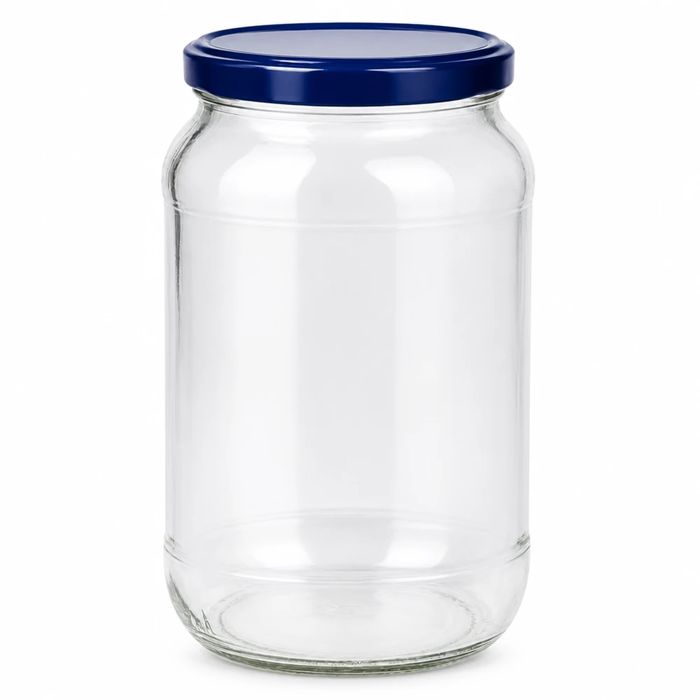 Tarro redondo 1062ml + tapa BasicSeal azul UNiTWIST Tarro redondo para conservas de 1062 ml con tapa BasicSeal azul Tarro transparente vacío UNiTWIST