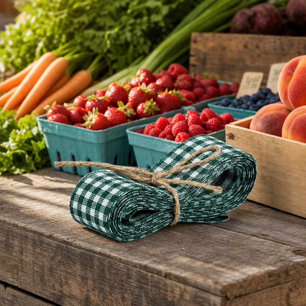 Cinta de tela verde y blanca de 300 cm sobre mesa de madera con bayas frescas, zanahorias y melocotones para la decoración de un puesto de mercado