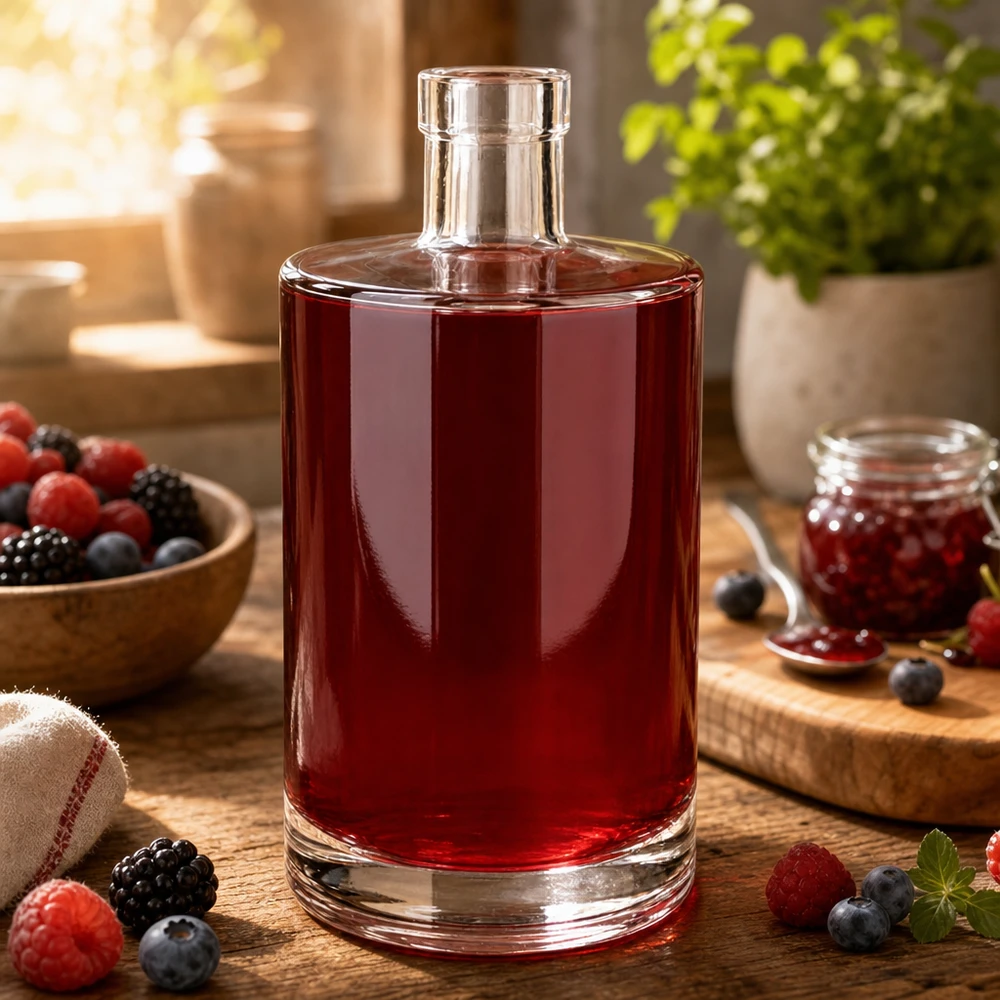 Botella de vidrio de 700 ml «Marie» sin tapón UNiTWIST® 700ml Glasflasche Marie mit rötlichem Beerensaft befüllt umgeben von frischen Beeren auf rustikalem Holztisch