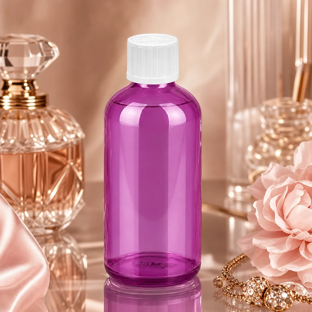 Frasco cuentagotas de 100 ml 1,2 mm blanco estándar a prueba de niños PurpleLine. UT18/100 Frasco compacto de vidrio de 100 ml en color morado con tapón cuentagotas de 1,2 mm de precisión para aplicaciones de aromaterapia