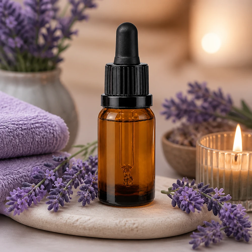 Elegante frasco pipeta de 10 ml en vidrio ámbar con tapón negro para aromaterapia profesional