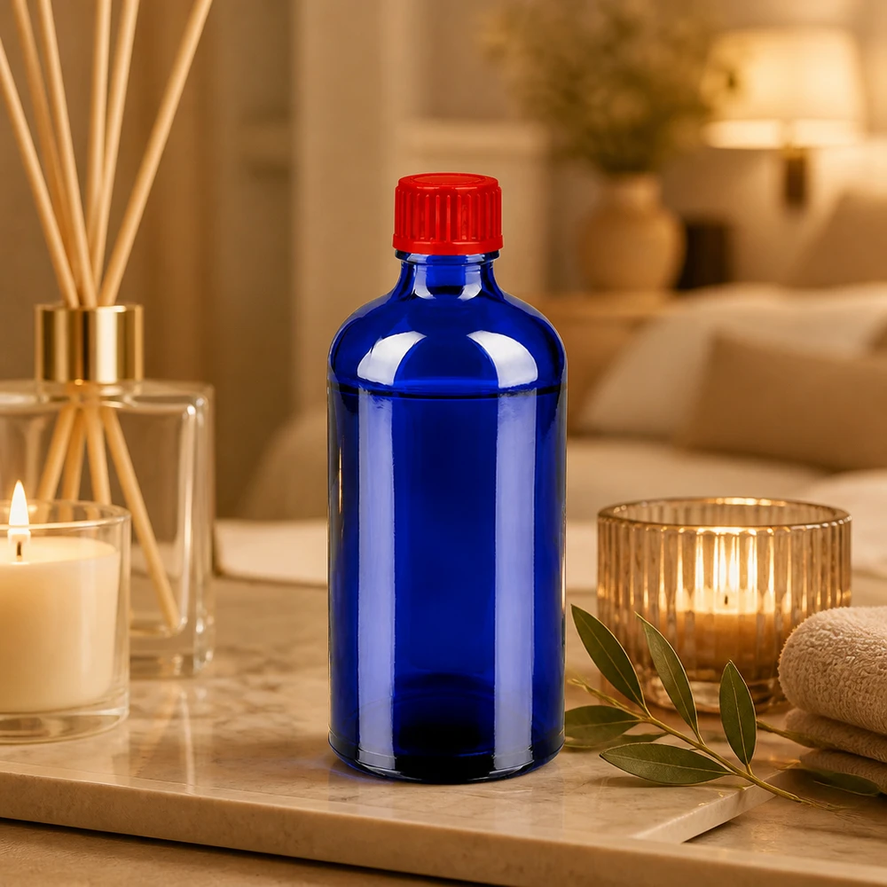 Frasco 100ml 11mm tapón rosca rojo estándar BlueLine UT18/100 Botella de vidrio de alta calidad de 100 ml en elegante azul cobalto con práctico tapón de rosca rojo de 11 mm